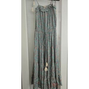 Saints & Hearts Boho Floral Maxi Dress Tassel Spaghetti Strap Green Pink Large‎